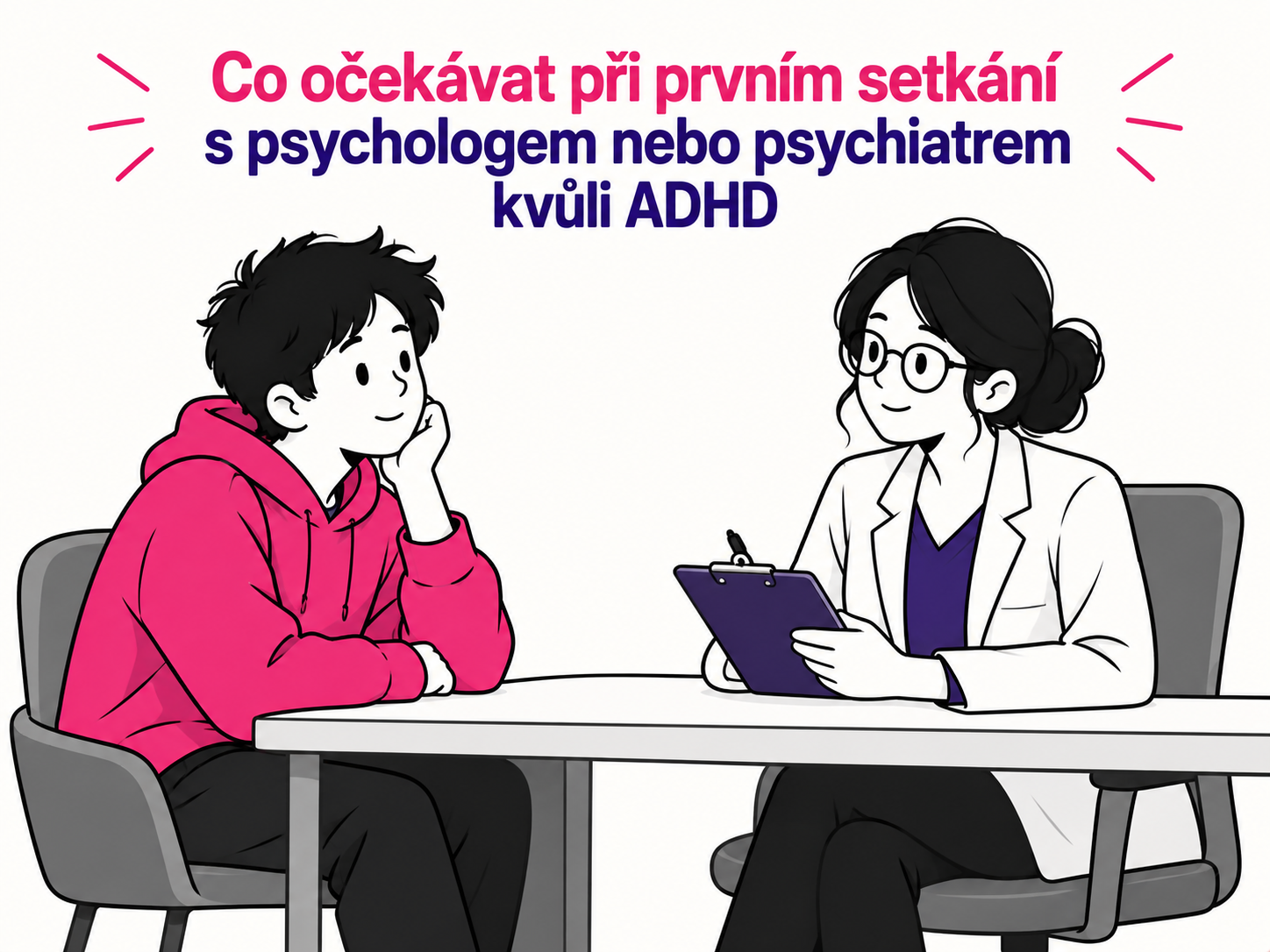 Ilustrace prvního setkání s psychologem nebo psychiatrem kvůli ADHD