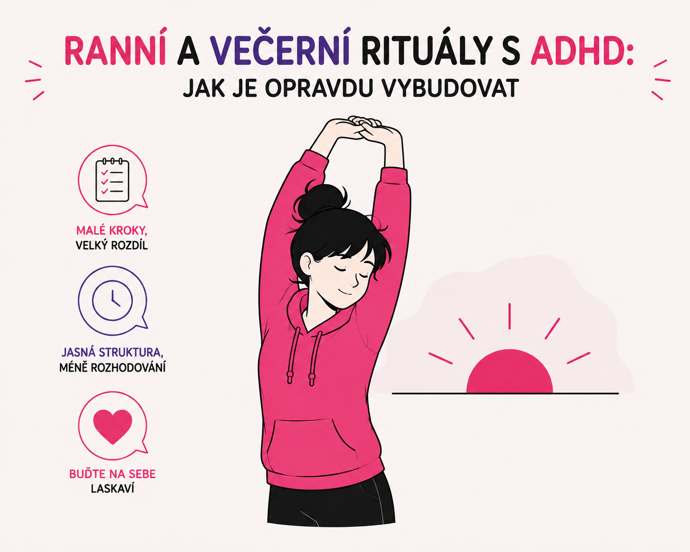 Ilustrace postavy protahující se vedle symbolu vycházejícího slunce jako součásti ranního rituálu s ADHD