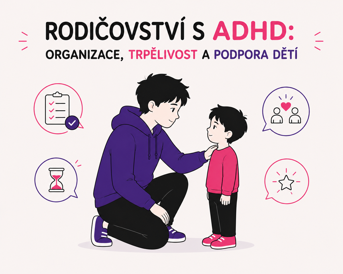 Ilustrace rodiče s ADHD trpělivě podporujícího dítě