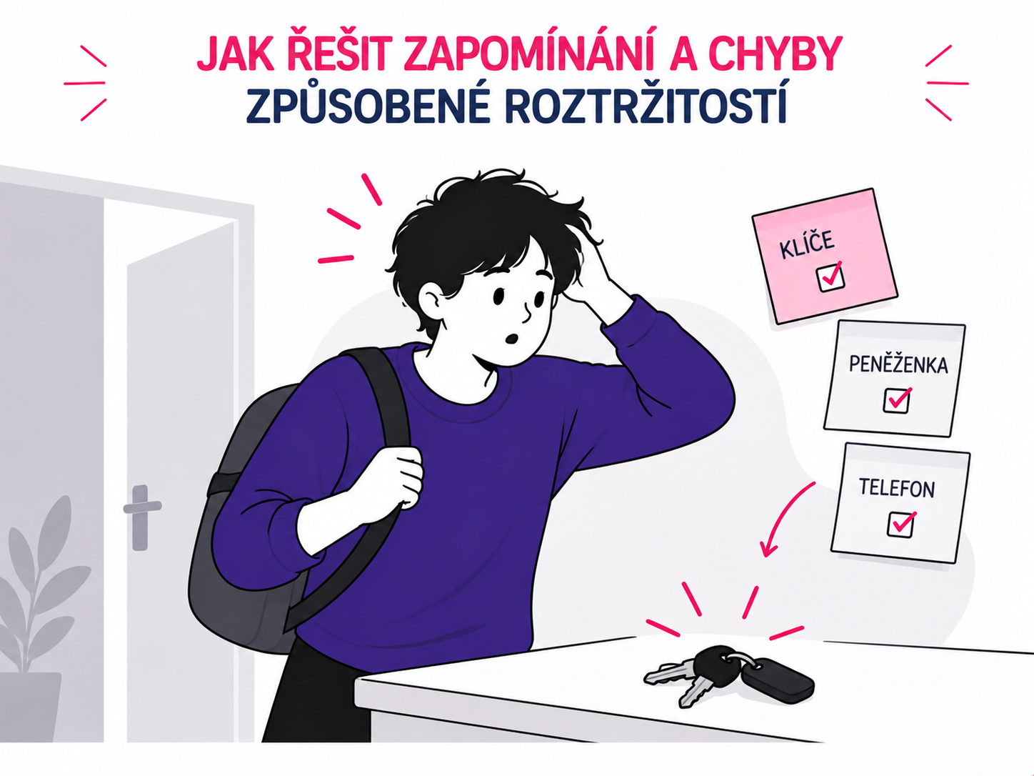 Ilustrace zapomínání, připomínek a roztržitosti spojených s ADHD