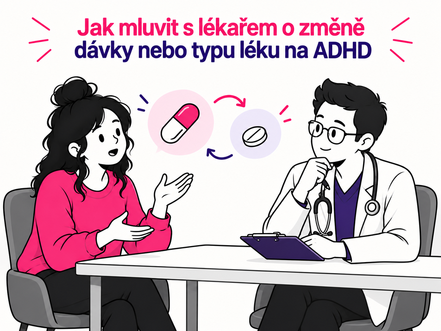 Ilustrace rozhovoru s lékařem o změně dávky nebo typu léku používaného při ADHD